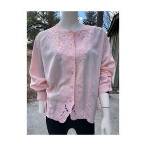 Vtg | 80s 90s Baby Pink Cut Lace Blouse Button-Up Shacket Boxy Secretary Image
